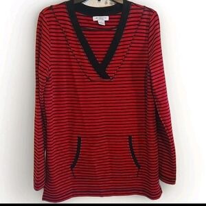 Liz Claiborne Red and Black Striped V-Neck Sweater